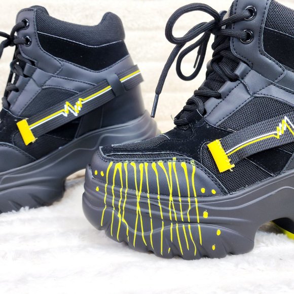 Anthony Wang Dated Black Yellow Hidden Wedge Platform Sneakers Rib Tread Design - Picture 9 of 11